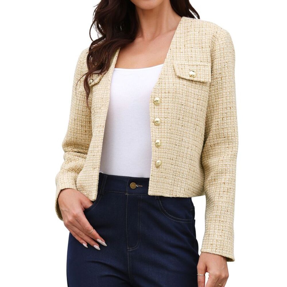 Women Collarless Business Casual Cropped Blazer Tweed Jacket Apricot
